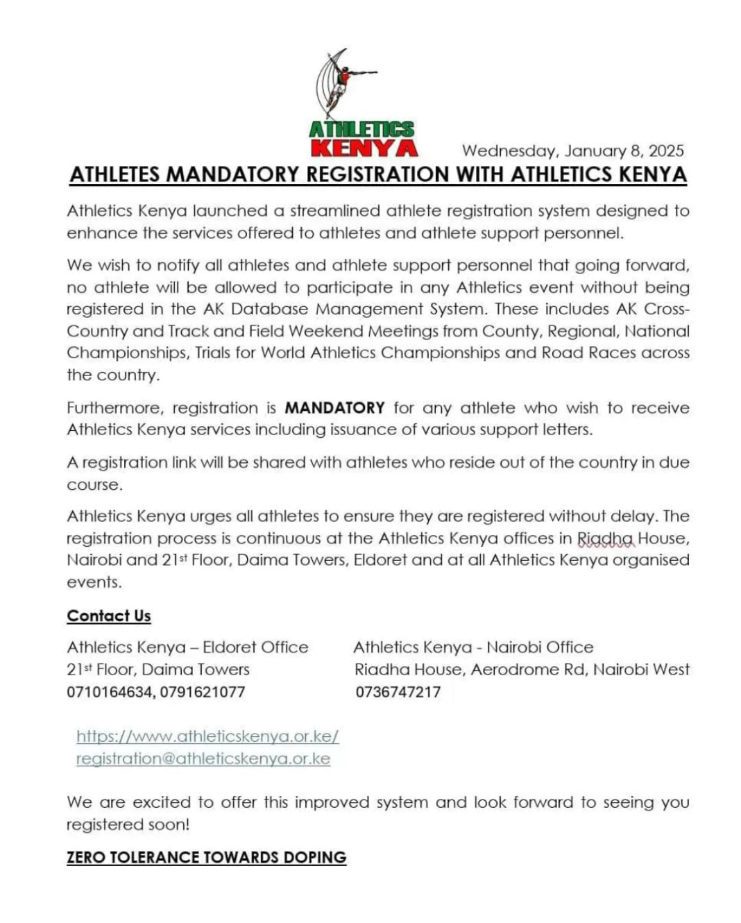 Athletics Kenya directs for Mandatory registration for all Athletes Athletics Kenya directs for Mandatory registration for all Athletes